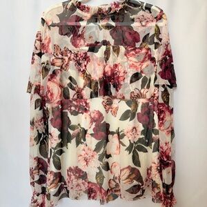 NWT Worthington Floral Sheer Ruffle Blouse in White, Pink and Berry, Large